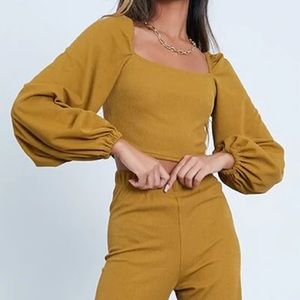 Olive Green Crinkle Woven Rib Long Puff Sleeve Crop Blouse